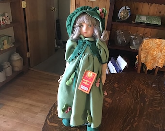 Lenci Stefania Italian Felt 19" Doll, Green Floral Dress and Bonnet