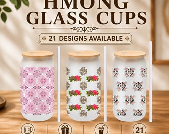 Vasos de vidrio Hmong con tapa y pajita de bambú / 473 ml, 21 diseños disponibles