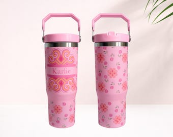 Vaso térmico personalizado de 887 ml (30 oz) – Botella de agua con nombre personalizado y estampado floral Hmong.