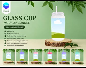 Maqueta de vaso de vidrio de 16 oz / Plantilla editable de Canva / Varios colores