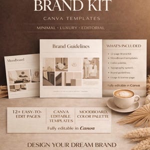 Op de afbeelding: Een promotieafbeelding voor een merkkit, met de tekst "STYLE & BRANDED" en "BRAND KIT CANVA TEMPLATES". De afbeelding bevat een kopje koffie, voorbeelden van moodboards en de woorden "12+ EASY-TO-EDIT PAGES", "CANVA EDITABLE TEMPLATES" en "MOODBOARD, COLOR PALETTE".
