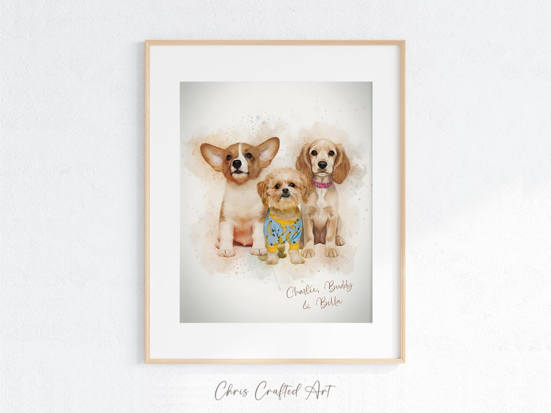 Custom 3 Pet Portrait Watercolor From Photo, Personalized Three Pets ...