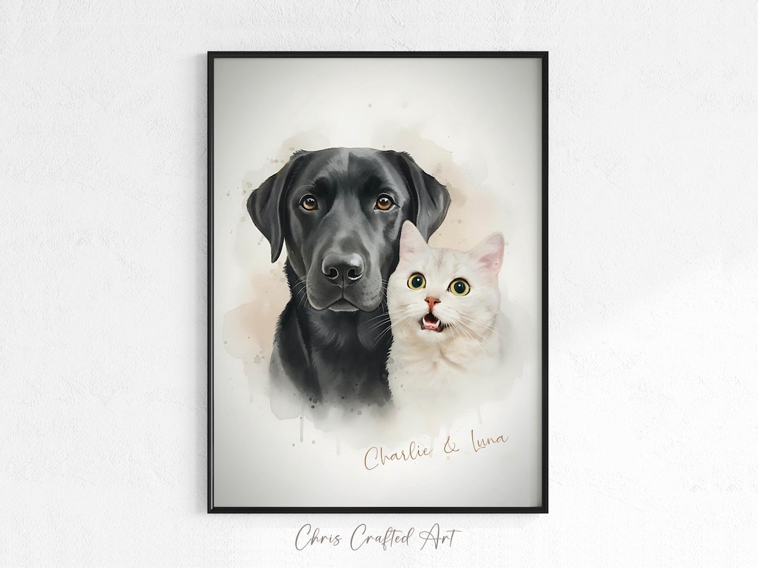 Dog and Cat Portrait Watercolor Custom, Personalized Pet Duo Painting ...