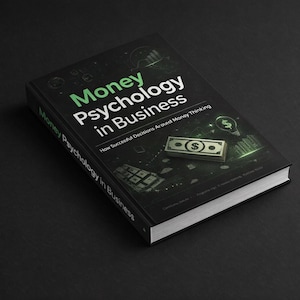 Peut inclure: Un livre à couverture rigide intitulé "Money Psychology in Business" avec du texte vert et blanc sur une couverture noire. La couverture présente des illustrations d'un billet de banque, d'une ampoule et de graphiques financiers. Le livre est sur une surface noire.