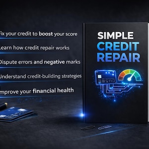 May include: A book titled "SIMPLE CREDIT REPAIR" with a credit score meter graphic. The cover is black with blue and white text. A credit card, pen, and small plant are also visible in the image.