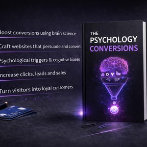 May include: A book titled "THE PSYCHOLOGY CONVERSIONS" with a brain graphic and funnel design. The cover is black with purple text and accents. The image also includes a pen, credit cards, and a small plant. The text on the left lists ways to boost conversions.