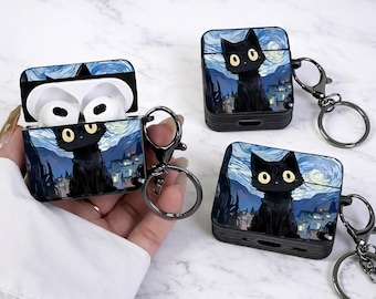 Black Cat AirPods Case, Starry Night Cat Cover, Cute Anime Cat AirPods Case, Funny Cat Gift, AirPods Pro 2/3 Case, Kawaii Cat Case