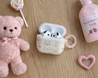 Cute Cat AirPods Case with Panda Earbuds – Kawaii Wireless Earbuds Cover with Pink Keychain – Girly Aesthetic Gift for Her