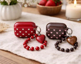 Heart AirPods Case with Beaded Charm Bracelet – Cute Red & Brown Heart Earbuds Cover  – Romantic Wireless Earphone Case