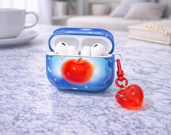 Apple Juice AirPods Case with Heart Charm, Cute Blue Silicone Cover for AirPods Pro 2, 1, 2, 3, 4, Kawaii Protective Earbuds Case