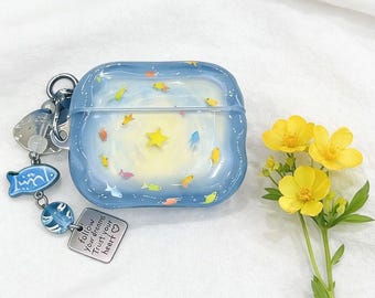 Cute Fish AirPods Case, Kawaii Star Moon AirPods Cover, Blue Aesthetic AirPods Case with Charm for AirPods 1 2 3 4 Pro & Pro 2
