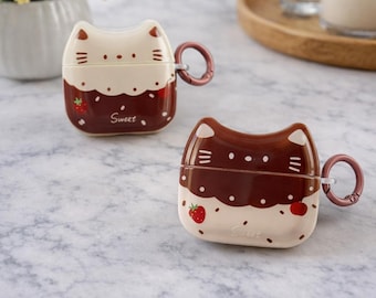 Cute Cat AirPods Case with Keychain – Kawaii Strawberry Chocolate Earbuds Cover – 3D Cartoon AirPods Pro Case – Gift for Her