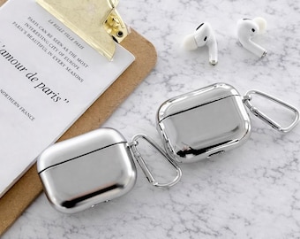 Luxury Silver Chrome AirPods Case with Carabiner | Mirror Finish Protective Cover for AirPods Pro | Metallic Shockproof AirPods Case
