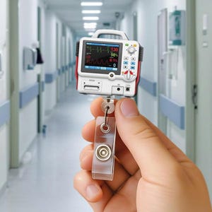 以下が含まれることがあります： 白と赤のケースに入った小型の医療用モニターで、バイタルサインと心拍数の波形を表示しています。透明なプラスチック製のバッジホルダーに取り付けられています。背景はぼやけた病院の廊下です。