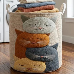 May include: A beige laundry hamper with a quilted cat design in shades of gray, orange, blue, and yellow. The hamper has white handles and is filled with folded towels. The background includes a washing machine and a shelf with more towels.