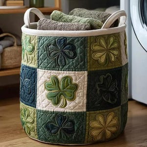 Cesto portabiancheria trapuntato con trifoglio celtico, cesto patchwork con trifoglio irlandese, contenitore portaoggetti per San Patrizio, decorazioni per la casa Lucky Green, idea regalo
