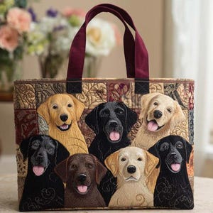Può includere: Borsa tote trapuntata con manico bordeaux, con un collage di facce di Labrador Retriever nei colori oro, nero e marrone cioccolato. Lo sfondo presenta un motivo patchwork.