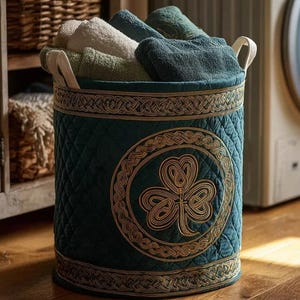 Cesto portabiancheria trapuntato con trifoglio portafortuna smeraldo, cesto portabiancheria vintage con trifoglio irlandese, contenitore per la casa per il giorno di San Patrizio, regalo ideale per la mamma