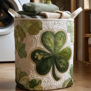 May include: A round, quilted laundry basket featuring a large shamrock design in shades of green on a cream background. The basket has cream-colored handles and is filled with folded towels. The basket is on a wooden floor.
