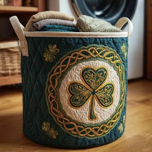 Cesto portabiancheria trapuntato con trifoglio celtico verde eterno, cesto portabiancheria con trifoglio irlandese, buon San Patrizio, buon tessuto per cesti, idee regalo