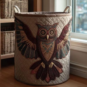 Flying Owl Wings Spread Quilted Laundry Basket, Owl Lover Clothes Hamper, Fabric Hamper, Nature Home Decor, New House Gift Items