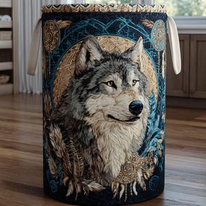 Op de afbeelding: Een cilindrische wasmand met een gedetailleerde illustratie van een wolfskop. Het ontwerp bevat teal, goud en bruine accenten, met dromenvanger- en veermotieven. De mand heeft beige handvatten en een patroonrand.
