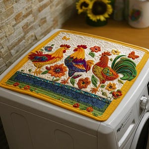 Puede incluir: Una funda acolchada para electrodomésticos con un diseño de tres gallos coloridos y flores. Los gallos tienen plumaje rojo, amarillo, azul y verde. La funda tiene un borde amarillo y está colocada sobre un electrodoméstico blanco.