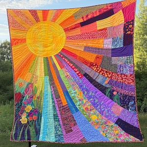 Rainbow Sunburst Patchwork Quiltad Filt, Färgglad Solkonstpläd, Livfull Heminredning, Bästa Gåvan För Solskensälskare