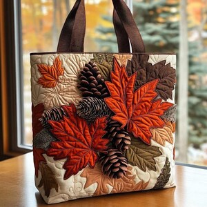 Herbst Ahorn Blätter Kiefer Kegel Gesteppte Einkaufstasche, Herbst Ernte Patchwork Handtasche, Natur Liebhaber Reisetasche, Geschenk für Oma