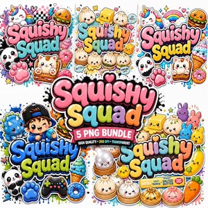 Puede incluir: Un paquete de gráficos digitales titulado Squishy Squad que presenta cinco ilustraciones distintas de personajes antropomórficos lindos, incluyendo unicornios, pandas, dumplings y alimentos con colores vibrantes, contornos gruesos y expresiones juguetonas.