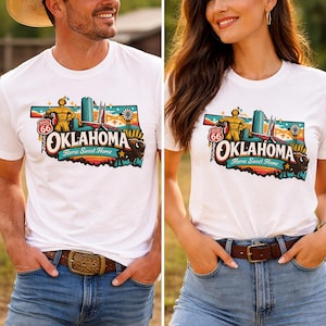 Retrografik för Oklahomas landmärken | Route 66, Golden Driller, OKC:s silhuett (digital nedladdning)