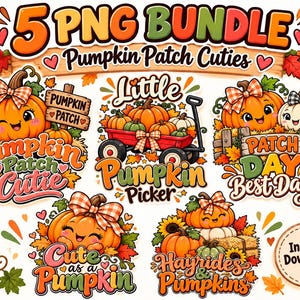 Könnte beinhalten: Ein digitales Grafikpaket mit fünf herbstlichen Illustrationen von lächelnden Kürbissen, Wagen und Heuballen, verziert mit karierten Schleifen und Herbstblättern. Der Text umfasst 5 PNG BUNDLE, Pumpkin Patch Cuties, Pumpkin Patch Cutie, Little Pumpkin Picker, Patch Day Best Day, Cute as a Pumpkin, Hayrides & Pumpkins und Instant Download.