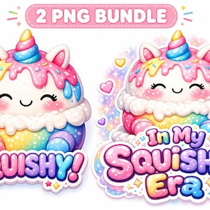 Op de afbeelding: Digitale illustratie van twee cartoon eenhoorn-vormige desserts. De desserts zijn regenboogkleurig met roze glazuur en een eenhoornhoorn. Eén zegt "SQUISHY!" en de andere "In My Squishy Era".