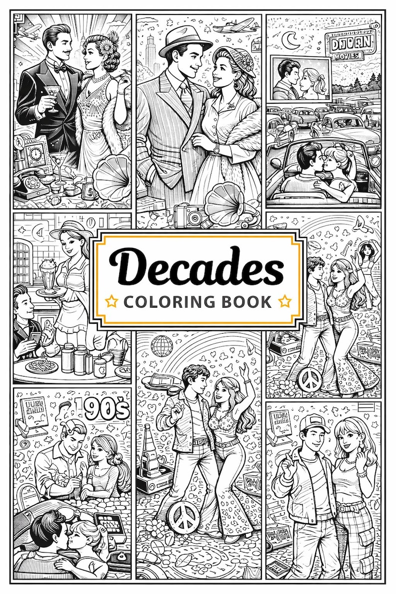 Decades Coloring Book Printable | 20s–2000s Retro Coloring Pages ...