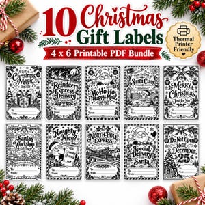 May include: A set of 10 black and white Christmas gift labels in a 4 x 6 printable PDF bundle. The designs feature festive illustrations including Santa Claus, reindeer, trains, and holiday text. Each label includes lines for To and From names.
