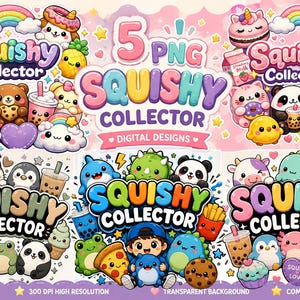 Può includere: Una collezione di cinque design digitali che presentano il testo Squishy Collector in lettere a bolla colorate, circondato da vari personaggi dei cartoni animati tra cui animali, cibi e creature mitiche in una vivace tavolozza multicolore.