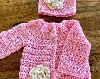 Handmade Crochet Baby Girls Cardigan and Hat Set - New Baby - Baby Shower - Newborn Gift