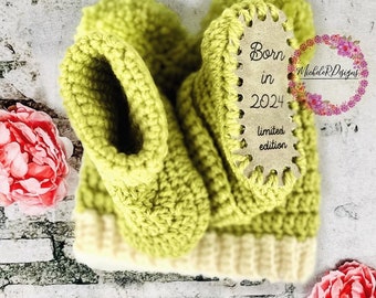 Ensemble bonnet et chausson pour bébé au crochet - fait main - bonnet - chausson - nouveau-né - vert citron - 0-3 mois - cadeau bébé