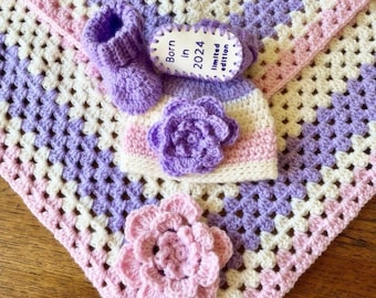 Crochet Baby Blanket, Hat & Bootee Set - Granny Square Baby Blanket - Handmade - Blanket - Bedding - Newborn