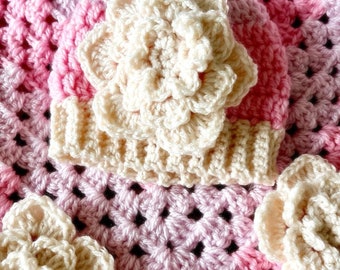 Crochet Baby Blanket and Hat Set - Granny Square Baby Blanket - Handmade - Blanket - Bedding - Newborn - Pink and Cream - 0-3 Months