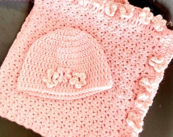 Crochet Baby Blanket with Matching Hat - Peach