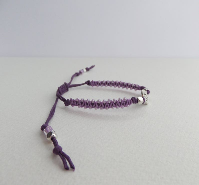 Silver Om Yoga Symbol Bracelet Casual Adjustable Gift for Yoga lovers Lilac Beaded Purple Cotton Cord Macrame
