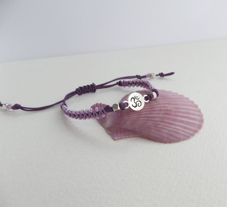 Silver Om Yoga Symbol Bracelet Casual Adjustable Gift for Yoga lovers Lilac Beaded Purple Cotton Cord Macrame