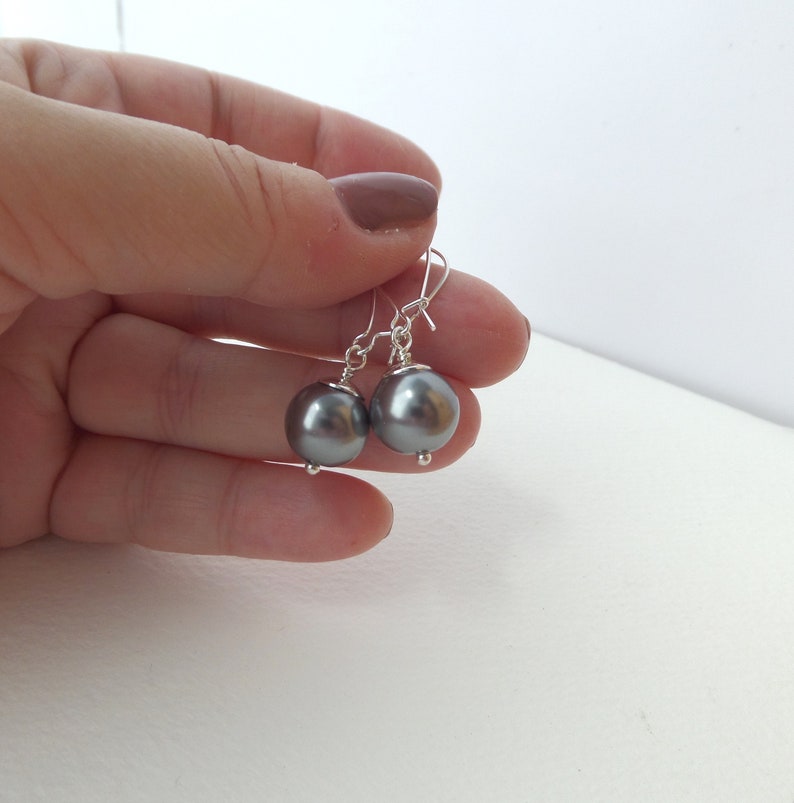 Kidney Wire dangle drop earrings 12mm Pearls Grey Statement Pearls Large Pink Pearl Silver Earrings Big Glass Pearl