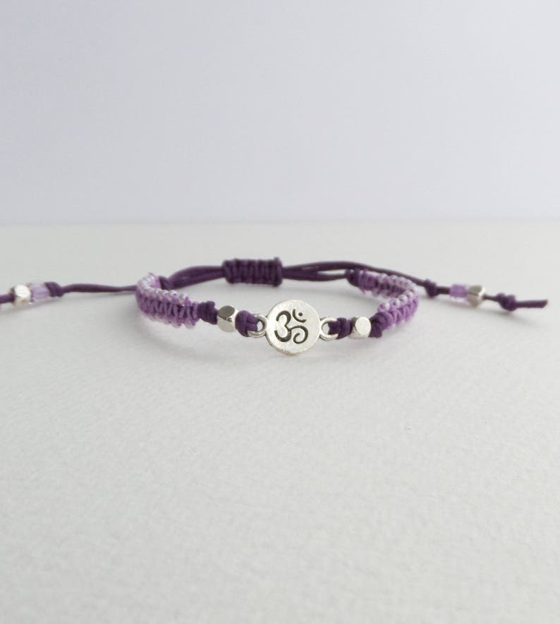 Silver Om Yoga Symbol Bracelet Casual Adjustable Gift for Yoga lovers Lilac Beaded Purple Cotton Cord Macrame