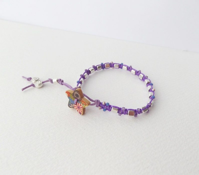 Cotton Cord Bracelets with Stars Casual Friendship Clasp Bracelet Beaded Macrame Purple Silver Bracelet BFF gift