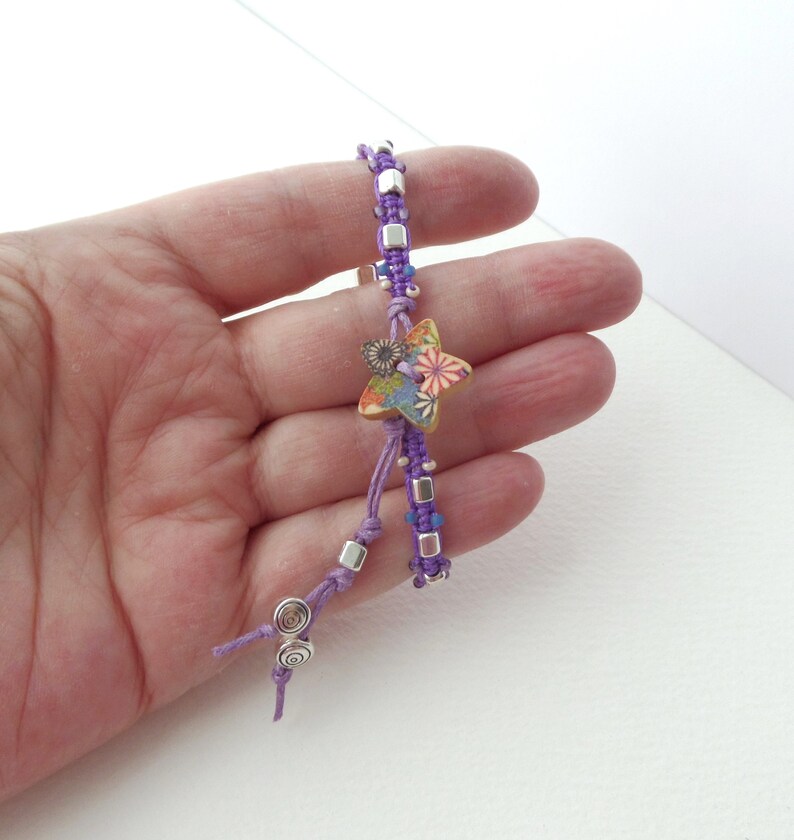 Cotton Cord Bracelets with Stars Casual Friendship Clasp Bracelet Beaded Macrame Purple Silver Bracelet BFF gift