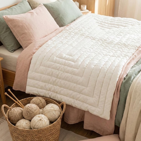 Hand-Stitched Merino Wool Quilt Natural Wool Duvet with Cotton Cover in Black,White & Cream