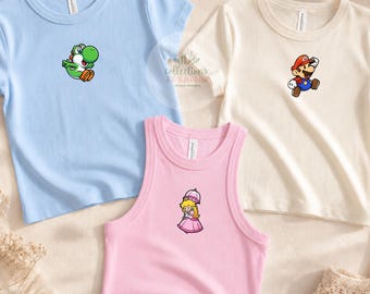 Super Mario Shirt: All Mario Characters Shirt, Epic Universe Mario Peach Yoshi Baby Tee Croptank, Mario Birthday Gifts, Women’s Shirt