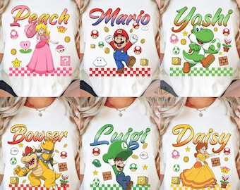 Chemise Super Mario tous les personnages : rétro Super Mario Peach Yoshi, chemise familiale Mario Epic Universe, chemise anniversaire Mario